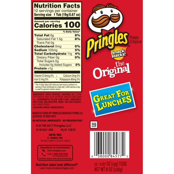 Pringles nutrition facts label