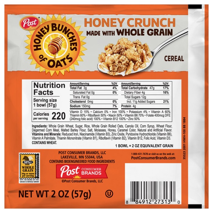 Honey bunches oats nutrition label facts cereal post cinnamon roasted